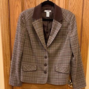 Dress Barn Brown and Teal Plaid Blazer with Dark Collar